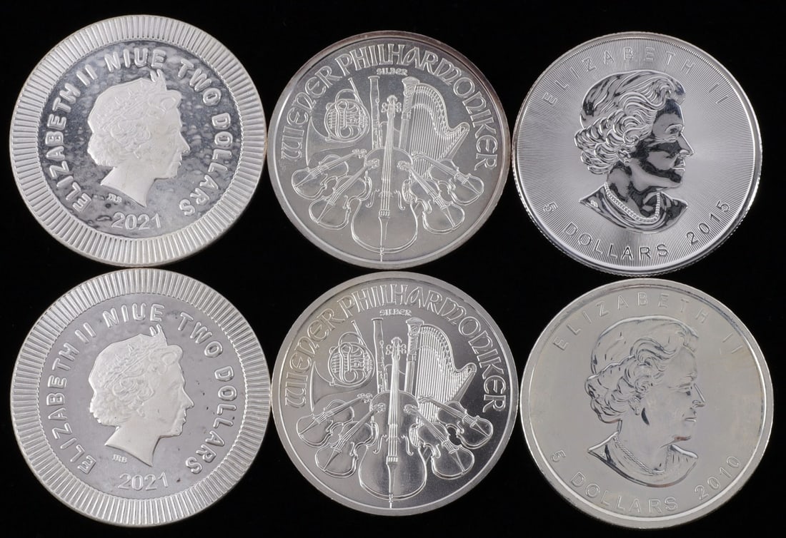 LOT 6 SILVER OWL MAPLE AUSTRIA PHILHARMONIC COINS: Lot of SIX (6). Mixed dates. All brilliant uncirculated. Proof-like. 1 OZT ounce each. This lot reserved at melt.