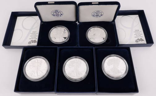 AMERICAN EAGLE SILVER PROOF LOT OF 5 MIX DATE: Five proof American Eagle silver dollar coins with walking liberty design. Each is cased and boxed. Years include 2007, 2008, 2010, 2011, and 2012. This lot reserved at melt. This lot reserved at