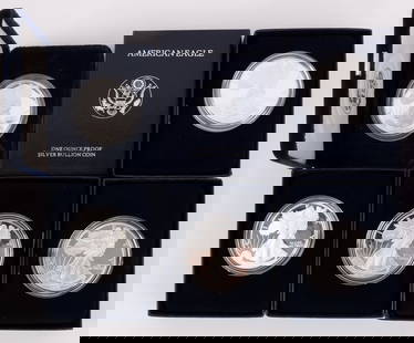 AMERICAN EAGLE SILVER PROOF LOT OF 5 MIX DATE: Five proof American Eagle silver dollar coins with walking liberty design. Each is cased and boxed. Years include 1994, 1995, 1996 (twice), and 1997. This lot reserved at melt. This lot reserved at