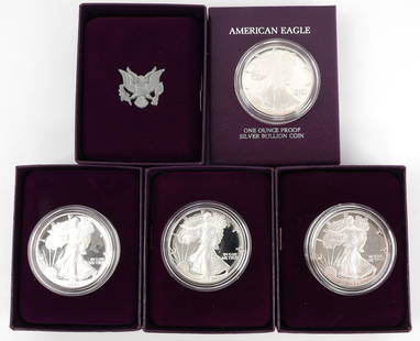 AMERICAN EAGLE SILVER PROOF LOT OF 4 MIXED DATE: Four proof American Eagle silver dollar coins with walking liberty design. Each is cased and boxed. Years include 1986, 1987, 1988, and 1989. This lot reserved at melt. This lot reserved at melt.
