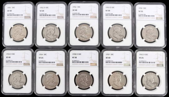 LOT OF 10 NGC SILVER FRANKLIN HALF DOLLAR COINS: Lot of TEN (10). Grades range VF 20 - XF 40. This lot reserved at melt.
