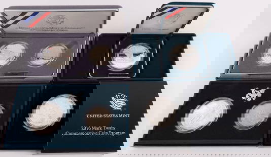 US SILVER COMMEMORATIVE COINS AMERICAN ICONS LOT 4: 1) 2016 Mark Twain commemorative silver dollar set. 2) Yellowstone National Park silver. 3) Mount Rushmore silver dollar and silver quarter. 4) Columbus Centenary two silver dollars. Proof coins.