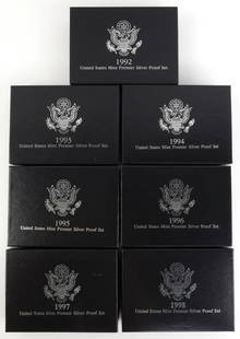 1992 TO 1998 U.S. MINT PREMIER SILVER PROOF 7 SET: All as issued by the mint. This lot reserved at melt.