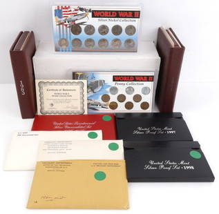 U.S MINT SILVER CLAD PROOF SET & WWII PENNY NICKEL: Includes 1960 silver mint set 1965 SMS, 1976 Bicentennial, 1981 clad Unc set, 1997 and 1998 silver proof sets, 1983 & 1984 prestige set, with silver dollar, WWII penny and silver nickel sets. This