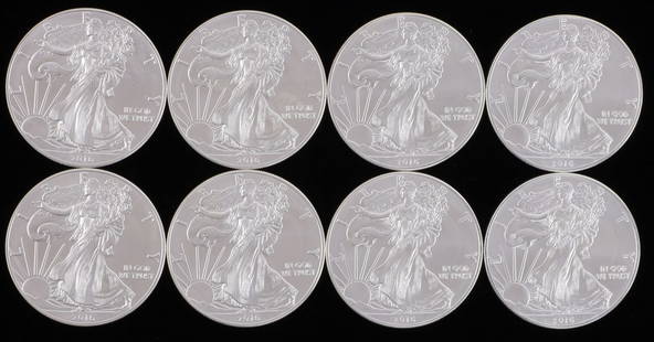 8 2016 1 OZT OUNCE SILVER AMERICAN EAGLE BU COINS: Lot of EIGHT (8). Brilliant uncirculated. This lot reserved at melt.