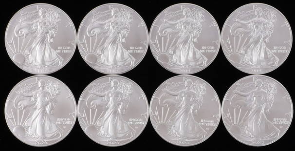 LOT 8 2023 & 2014 1 OZT SILVER AMERICAN EAGLE COIN: Lot of EIGHT (8). Brilliant uncirculated coins. This lot reserved at melt.