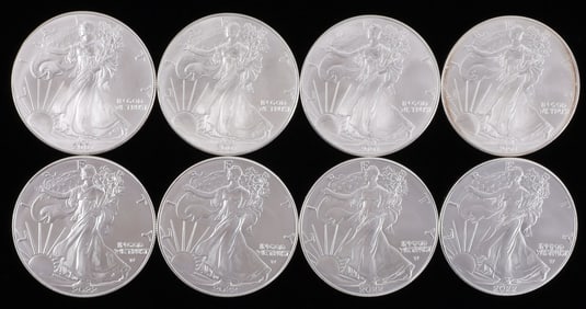 8 MIX 2001 & 22 1 OZT SILVER AMERICAN EAGLE COINS