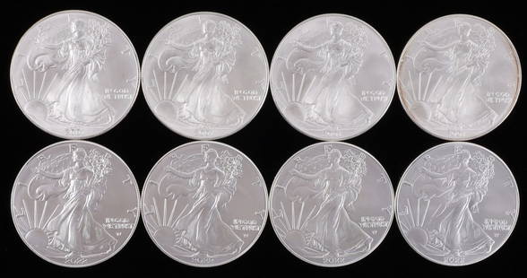 8 MIX 2001 & 22 1 OZT SILVER AMERICAN EAGLE COINS: Lot of EIGHT (8). Brilliant uncirculated. This lot reserved at melt.