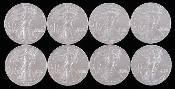 LOT OF 8 2022 1 OZT SILVER AMERICAN EAGLE BU COINS: Lot of EIGHT (8). Brilliant uncirculated. This lot reserved at melt.