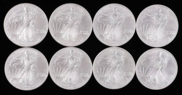 LOT OF 8 2001 1 OZT SILVER AMERICAN EAGLE BU COINS: Lot of EIGHT (8). Brilliant uncirculated. This lot reserved at melt.