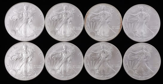 LOT OF 8 2001 1 OZT SILVER AMERICAN EAGLE BU COINS