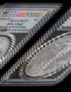 2025 W PCGS MS70 SILVER AMERICAN EAGLE COIN: PCGS Encapsulated, West Point mint. This lot reserved at melt.