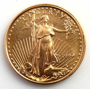 1999 GOLD 1/10 OZT OUNCE AMERICAN EAGLE BU COIN: Brilliant uncirculated. This lot reserved at melt.