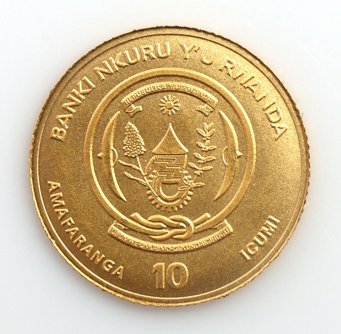 RWANDA MOUNTAIN GORILLA 1/10 GRAM GOLD AFRICA DIME: Only 2500 minted, brilliant uncirculated, 2021 date, 1/10 gram .999 fine gold, 10 RWF, 9 mm. This lot reserved at melt.