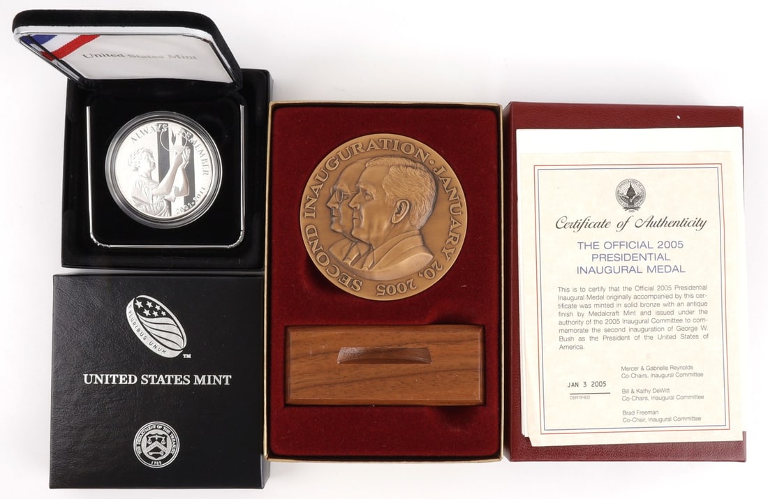 SEPTEMBER 11 2011 UNITED STATES MINT SILVER MEDAL: 1 OZT Ounce of .999 fine silver, as issued by the mint. Also 2005 Inaugural George W. Bush medal, boxed