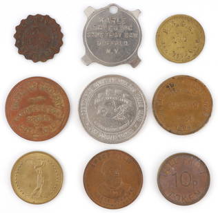 9 TOKEN LOT GOOD AT THE BAR PALACE GROCERY DEWEY: Lot of NINE (9) different tokens. Good at the Bar % cents, Palace Grocery Coyle Okla., Marble Hall Admiral Dewey, 1909 Ansco Films, Bell Fruit 10 cent token, BPOE Elks Jamestown N.Y., Las Vegas Club