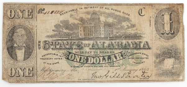 STATE ALABAMA CONFEDERATE STATE OBSOLETE BANKNOTE