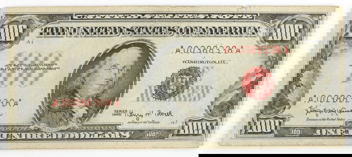 1966 SERIES RED SEAL $100 FRN BANKNOTE: Free of pinholes, there are 2 small tears in upper margin, heavy center crease. F Note. This lot has a reserve.