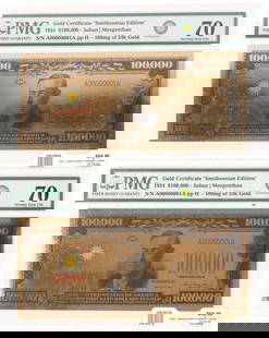2 1934 LARGE GOLD CERTIFICATES SMITHSONIAN EDITION: PMG 79 Gem Unc.
