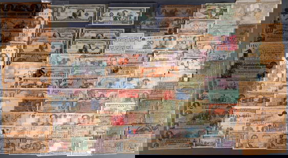 OVER 80 PIECES OF U.S. & WORLD CURRENCY BANKNOTES: Big variety from uncirculated to circulated. Includes an authentic CSA not some reproduction CSA notes, a piece of Obsolete Mechanics Bank Note. Military script and more.