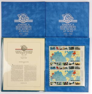 3 AMERICA REMEMBERS WORLD AT WAR 1941-45 STAMP SET: 3 Sets of 20, 29 cent stamp plates, in binder.