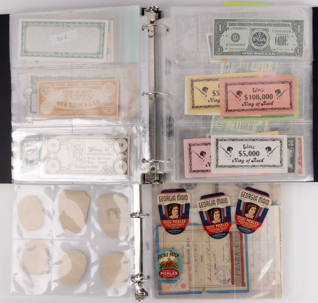 SCRAP BOOK & COUPON COLLECTION: One binder is full of pickle labels, 19th century letters, insurance policy, Rip Cord club document, Rifles Ball invitation. The second is a binder with 100's of 1925 to 1970's coupons, of every kind