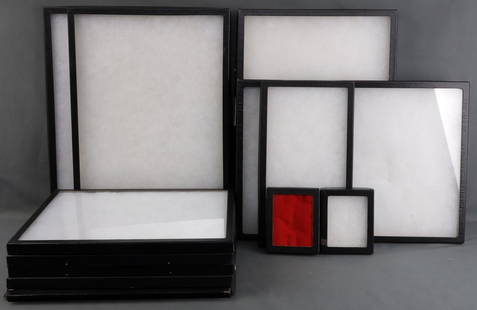 LOT OF 12 USED ASSORTED RIKER MOUNT DISPLAY CASES: Lot of TWELVE (12) used cardboard and glass riker mounts. Sizes (in inches) include: THREE (3) 20.25 X 14.5 X 1.25, ONE (1) 20.25 X 14.5 X .75, FIVE (5) 16.25 X 12.25 X .75, ONE (1) 14.5 X 8 X 1, TWO