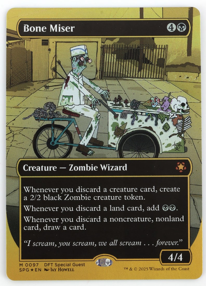 MAGIC THE GATHERING BONE MISER JAY HOWELL: Borderless foil version of the Magic the Gathering card Bone Miser. Card art is by Jay Howell, best known for his work as a character designer for the television show Bob's Burgers, and is emblematic