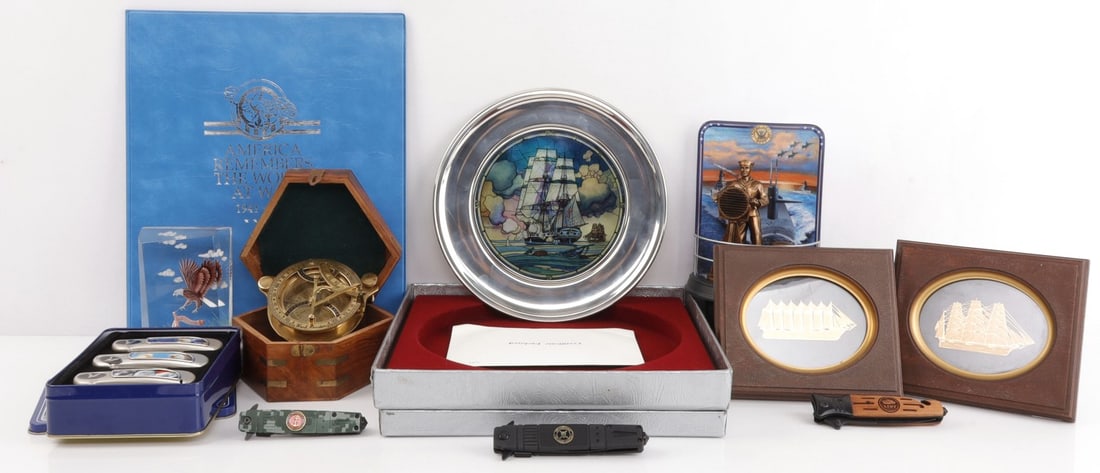 GENERAL COLLECTIBLES LOT SHIP SAILOR PLATES WWII: As photographed, all items free of damage, knives , plates and figurines.