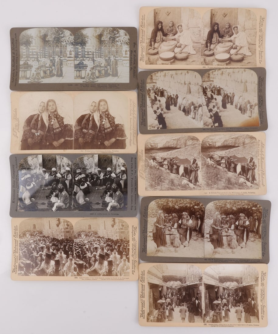 1900S STEREOCARD IMAGES OF PALESTINE & JEWS: Lot of NINE (9) stereocard images of Palestinian Jews in the early 20th century. 3.5 X 7 inches. Very good, original condition.
