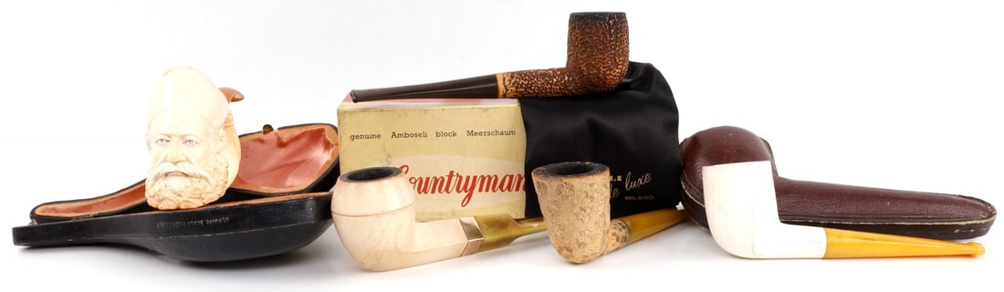 LOT OF 5 MEERSCHAUM PIPE ASSORTMENT: Lot of FIVE (5). All used and nicely patinated. One has original box.
