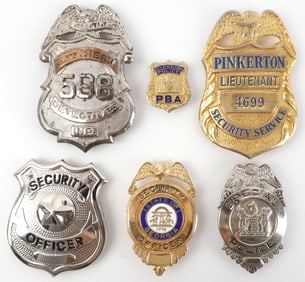 LOT OF 6 OBSOLETE POLICE BADGES PINKERTON NEW YORK