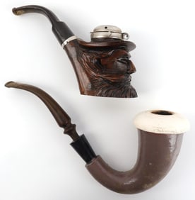 LOT OF 2 ANTIQUE WOOD AND CERAMIC SMOKING PIPES