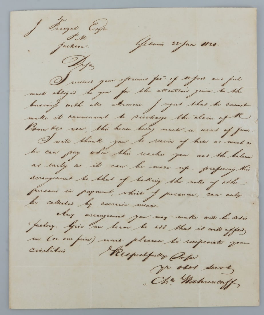 1820 LETTER WRITTEN BY LAWYER CAPE GIRARDEAU: Basic one page legal letter collecting debt. Hand stamped 12 1/2.