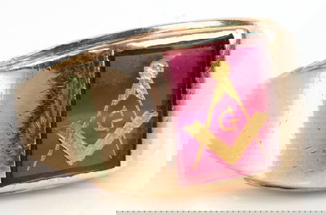 THE GOLDEN RING OF A MASTER MASON 10K: A ring depicting the Square and Compass of the Ancient Free and Accepted Masons on a red stone. Likely Prince Hall origin The ring itself if 10K gold, stamped and tested. 5.8 grams. Size 10.5. Very