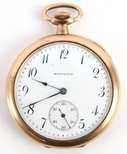 HAMILTON 1916 17 JEWEL POCKETWATCH: Gold fill pocket watch, 910, 12S, 17J. Starts and holds time. Minor cracking on face.