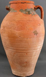 AEGEAN RECOVERED ANCIENT ROMAN CLAY POTTERY JAR: Circa 13th to 15th century Byzantine Empire clay pot recovered from an Aegean shipwreck. Opening has an 6-inch diameter, height of 17 inches, and belly has a 11-inch diameter. In good condition with