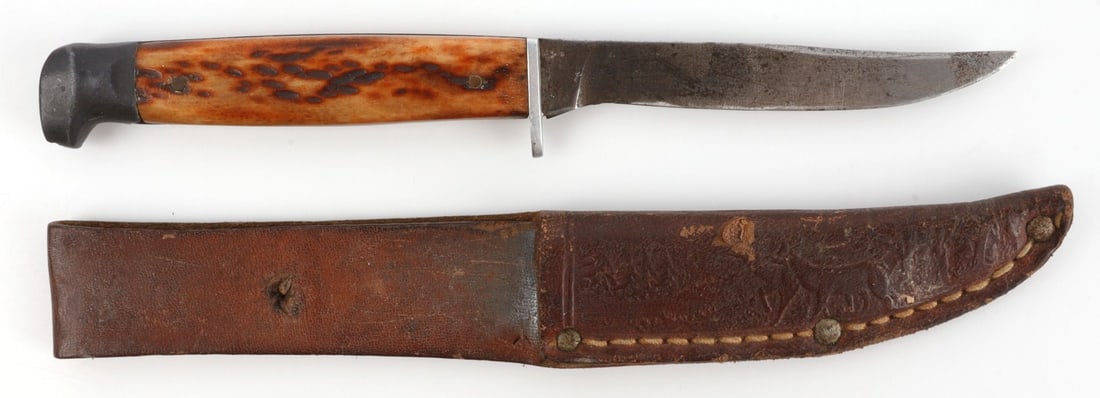 6 INCH ANTIQUE BONE HANDLE FIXED BLADE KNIFE: Blade is dark. Otherwise, very good. Includes original leather scabbard..