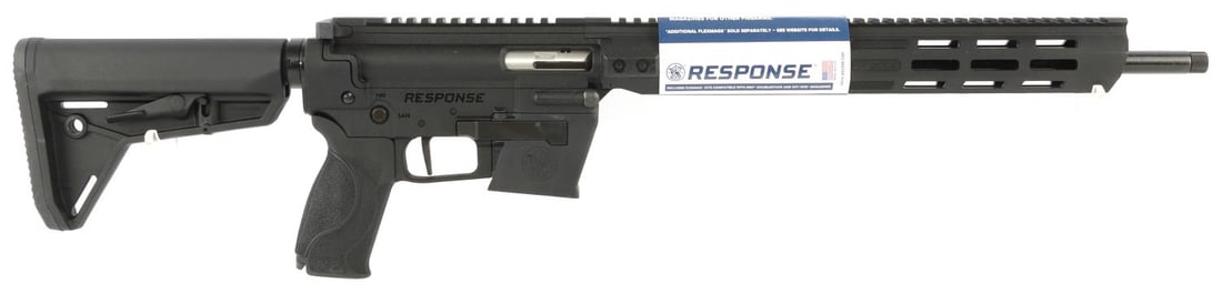 SMITH & WESSON RESPONSE AR9 PISTOL CALIBER CARBINE: New in box Smith & Wesson Response semi-automatic pistol caliber carbine. 16.5-inch barrel. Includes two (2) 10-round magazines and adapters for compatibility with M&P and Glock 17/Glock 19 magazines.