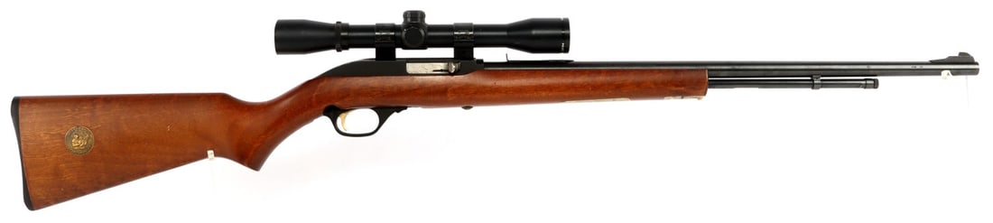 MARLIN MODEL 60W .22LR SEMI AUTO RIFLE WITH SCOPE: Marlin Model 60W semi-automatic rimfire rifle with Nichols Bullet 4x32 scope. Barrel 22 inches. Grooved gold trigger. Buttstock has "Safety, Ethics, Sportsmanship" medallion inset. Very good condition