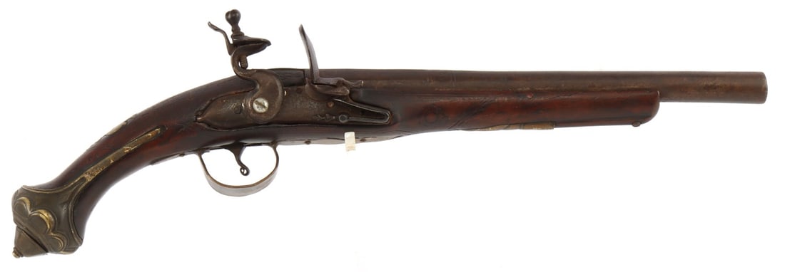 18TH C GILT DECORATED FLINTLOCK PISTOL .62 CAL: Antique smoothbore flintlock pistol. Unmarked, possibly French. Octagon and round steel barrel. Checkered wood stock with engraved and gilt brass fittings. 10.75-inch barrel. 18 inches overall. Good c