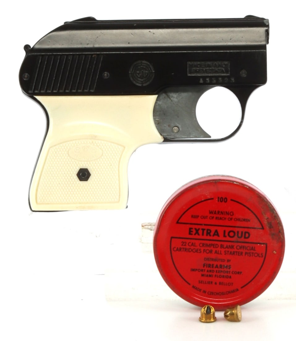 BREVETTATA MODEL 1900 TEAR GAS & STARTING PISTOL: Brevettata Mondial Model 1900 .22 cal tear gas & starting pistol. Includes tin of Sellier & Bellot .22 cal crimped blanks. Good condition. No international shipping. NOTE: Magazine not included. Calib