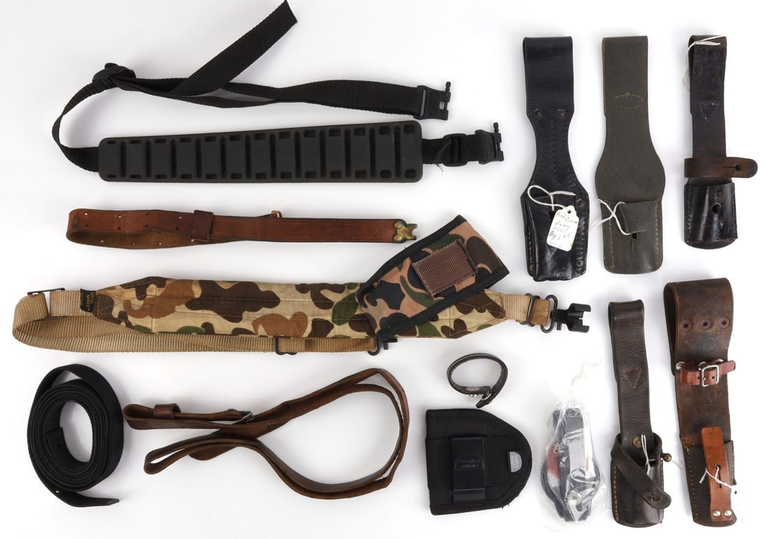 BAYONET FROG RIFLE SLING LOT VARIOUS: Mauser and other leather bayonet frogs, rifle slings. All original and in very good condition.