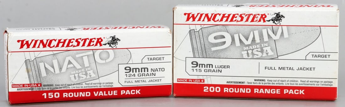 350 ROUNDS OF WINCHESTER 9MM AMMUNITION: Luger 200 115 grain and the other 150 124 grain. All factory rounds.