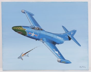 PAINTING OF A F9F PANTHER IN COMBAT RAY WADDEY