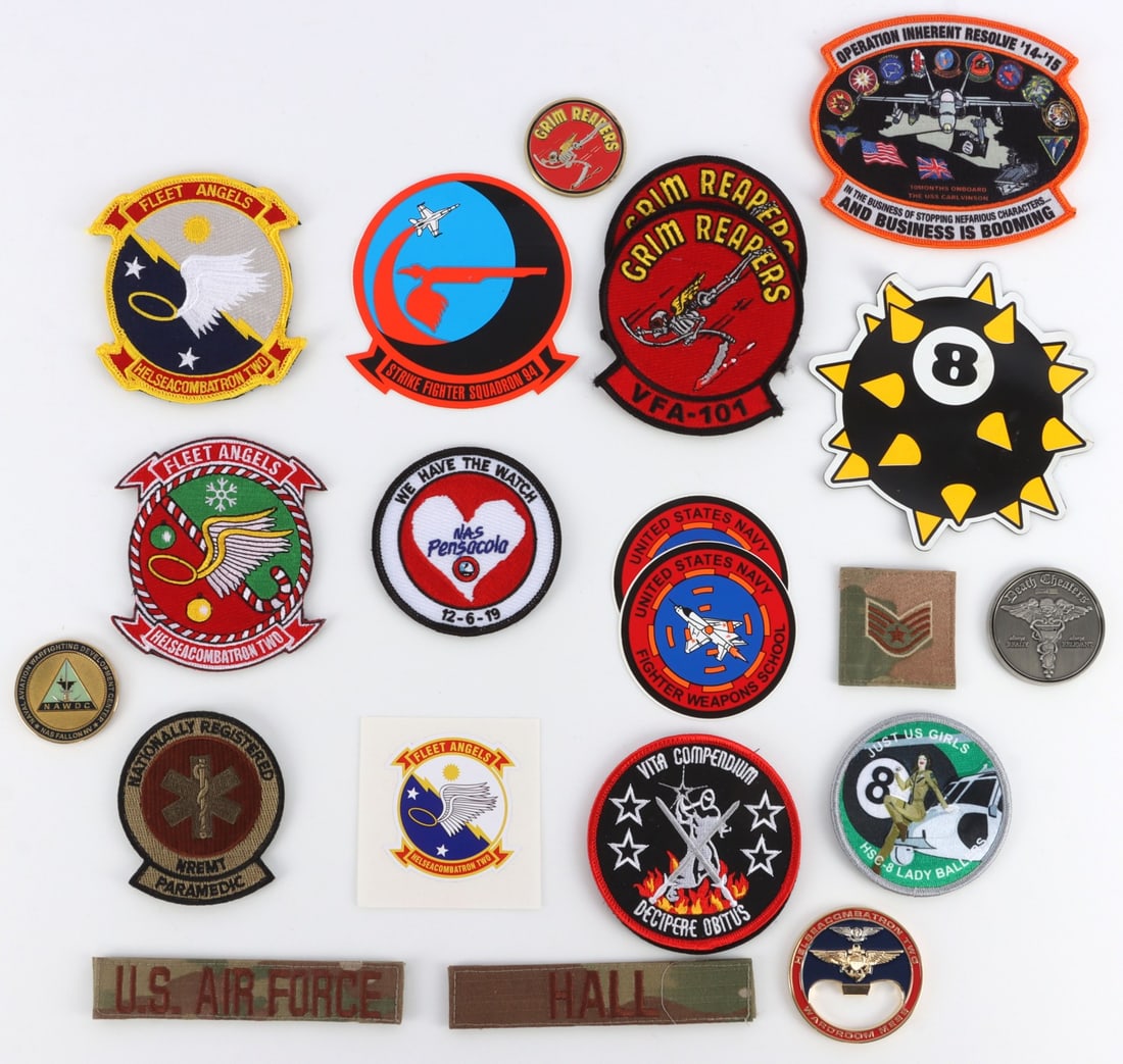 LOT OF 21 US AIR FORCE STRIKE FIGHTER SQUADRON 101: Lot of TWENTY-ONE (21) US Air Force insignia for Eglin Air Force Base fighter groups. Includes 12 patches, 5 stickers, 4 challenge coins. Very good condition.
