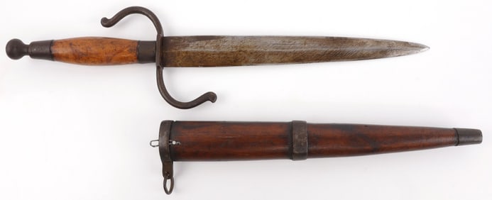 19TH C. HOOK QUILLON FIGHTING DAGGER WITH SCABBARD