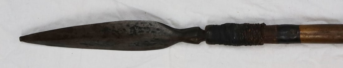 BRITISH RAJ SEPOY LANCE MUGHAL INDIA: A lance as would have been used by sepoys in the armies of the British Raj and Mughal Empires. Point is blunted by contact with something. Head is 11 inches, total item is 67.5 inches. Very good, orig