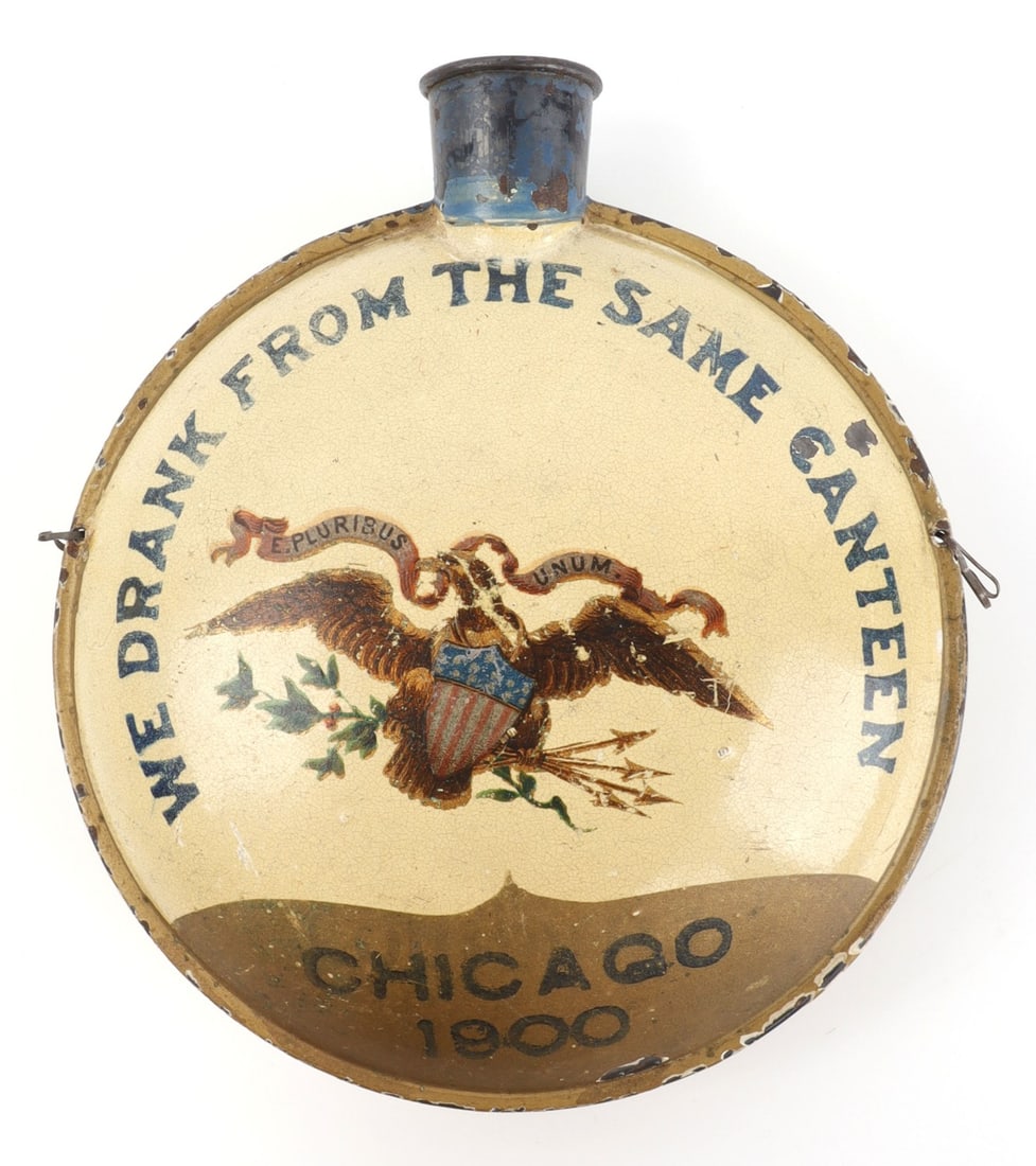 US CIVIL WAR GRAND ARMY OF REPUBLIC GAR CANTEEN: Grand Army of the Republic (GAR) Civil War veterans reunion canteen, dated and placed at "Chicago 1900" and emblazoned with "We Drank from the Same Canteen." Missing top. 6-inch diameter. Very good, o