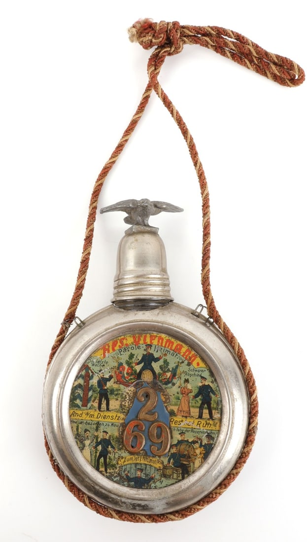 IMPERIAL GERMAN PRE-WWI RESERVIST CANTEEN: Pre-WWI Imperial German reservist canteen. Eagle cap with cord. Very good, original condition.